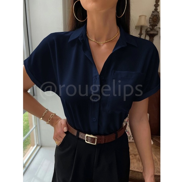 Navy Blue Casual Button Up / Down Shirt Collar, V-Neck Button Front - Picture 4 of 13